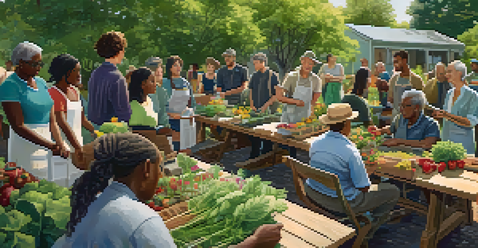 A diverse group of people attending a gardening workshop, surrounded by tools and fresh produce in a sunny community garden.