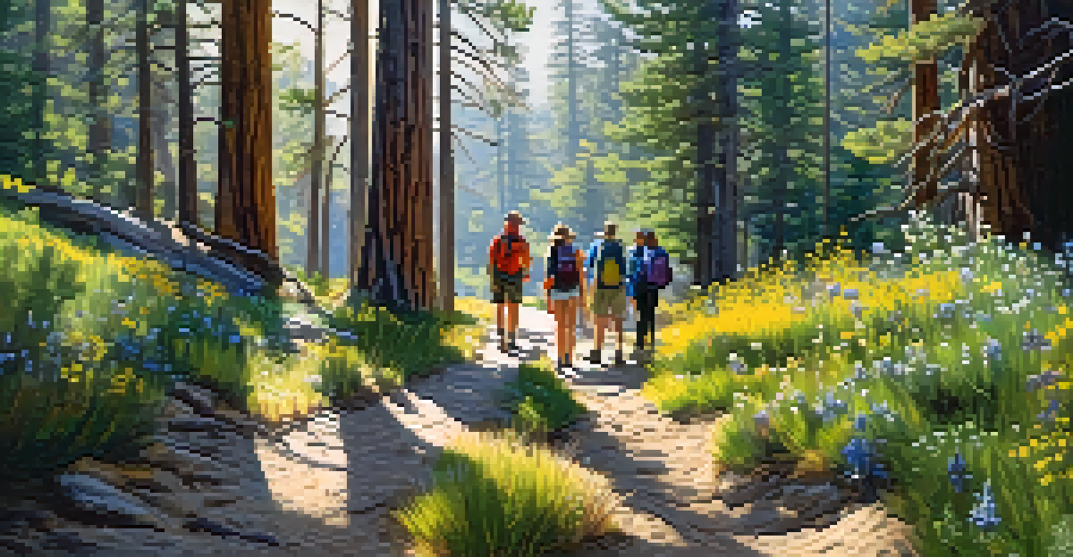 A diverse group of hikers enjoying a guided nature hike through the trails of Big Bear, surrounded by greenery.