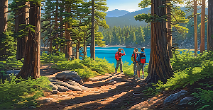 A group of young people engaged in a guided hike in a forest, with sunlight filtering through the trees and a mentor explaining local flora.