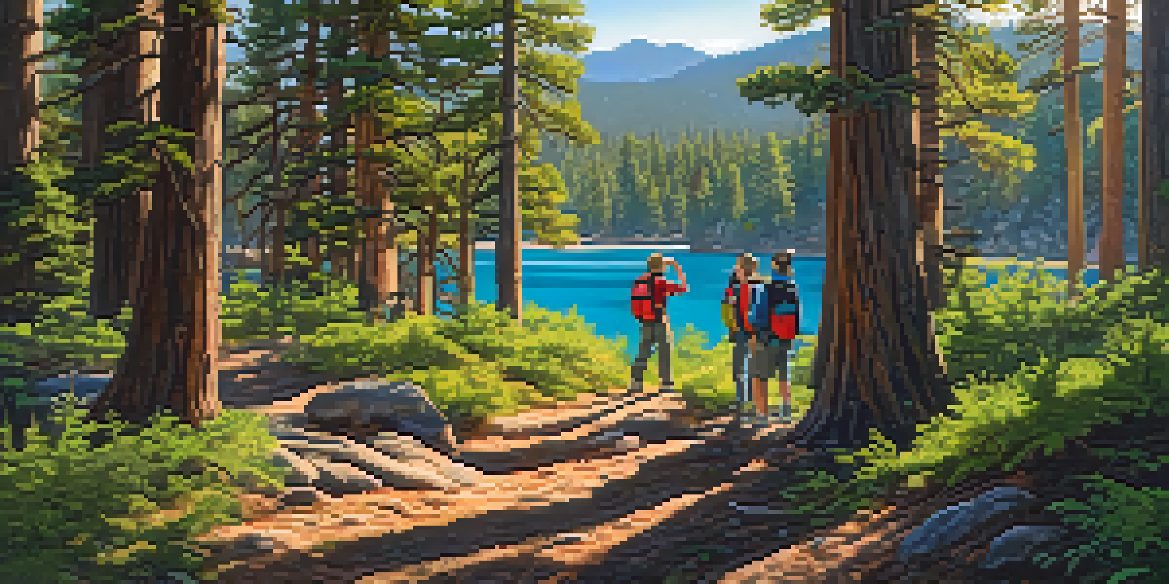 A group of young people engaged in a guided hike in a forest, with sunlight filtering through the trees and a mentor explaining local flora.