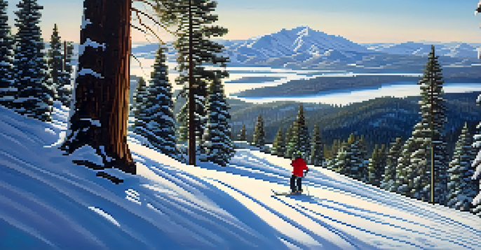 A peaceful winter scene of a hidden ski slope in Big Bear with a skier and snow-covered trees.