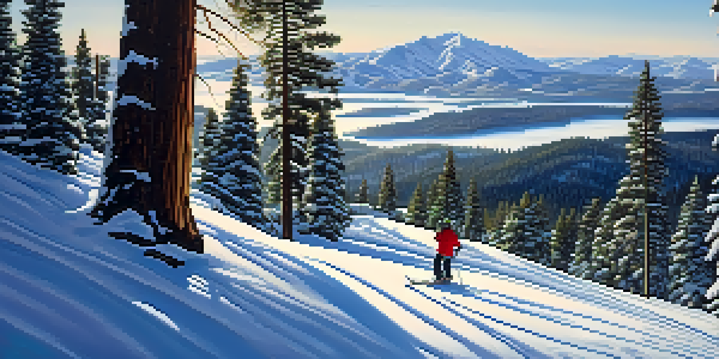 A peaceful winter scene of a hidden ski slope in Big Bear with a skier and snow-covered trees.