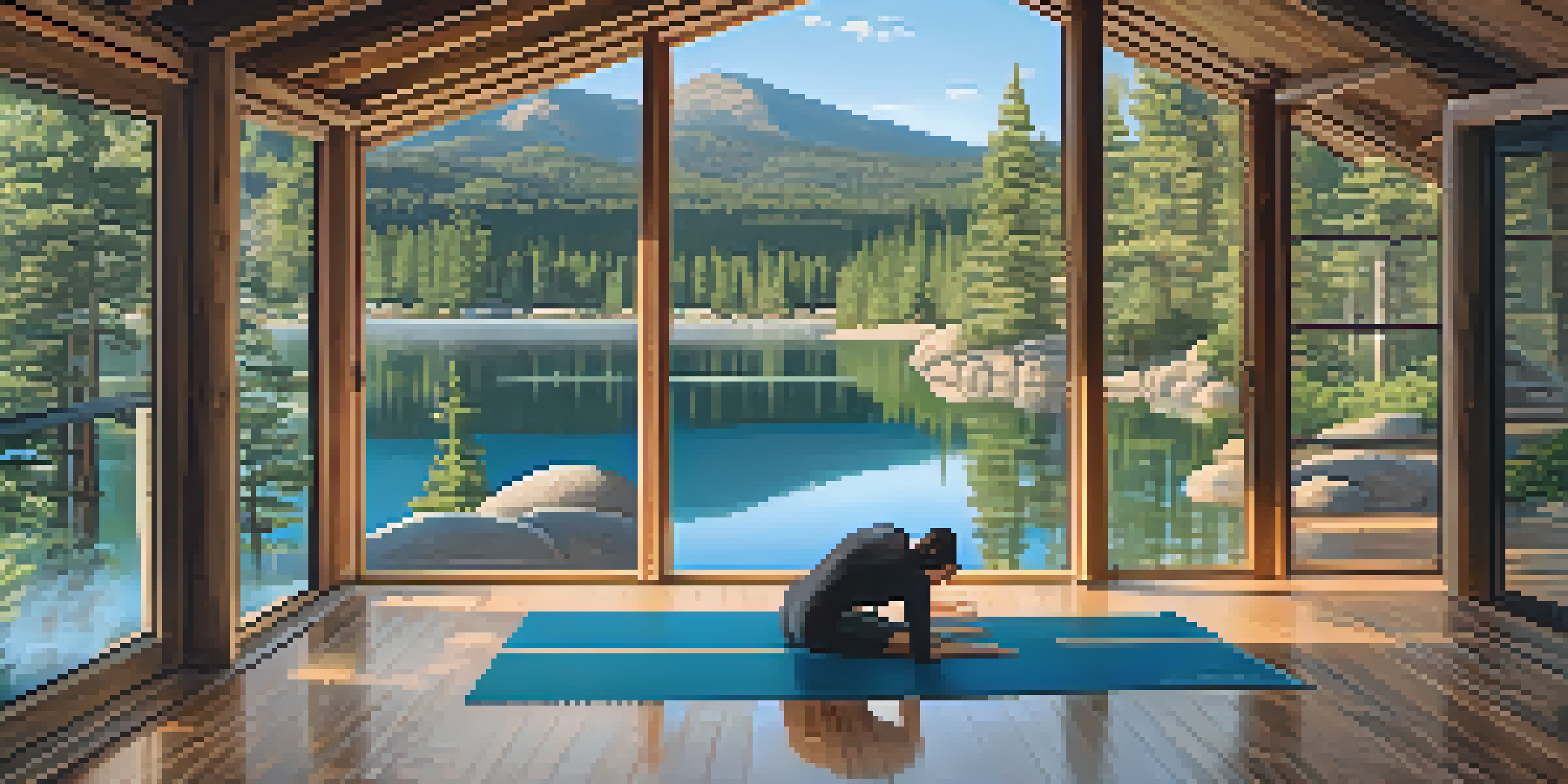 A peaceful yoga retreat scene at Big Bear Lake with a person practicing yoga on a deck, surrounded by trees and a lake.