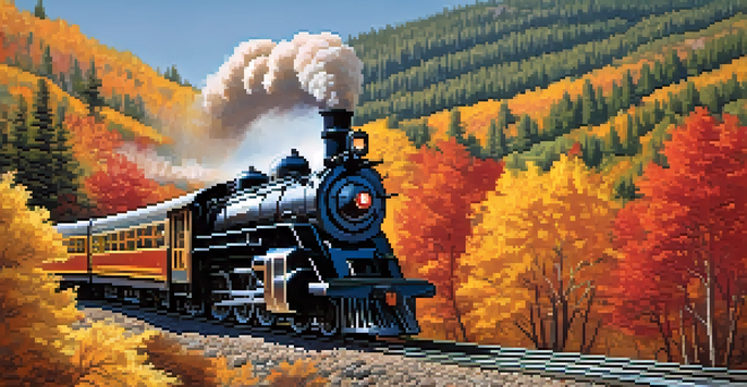 A vintage train traveling through colorful fall foliage in Big Bear, surrounded by vibrant autumn leaves.