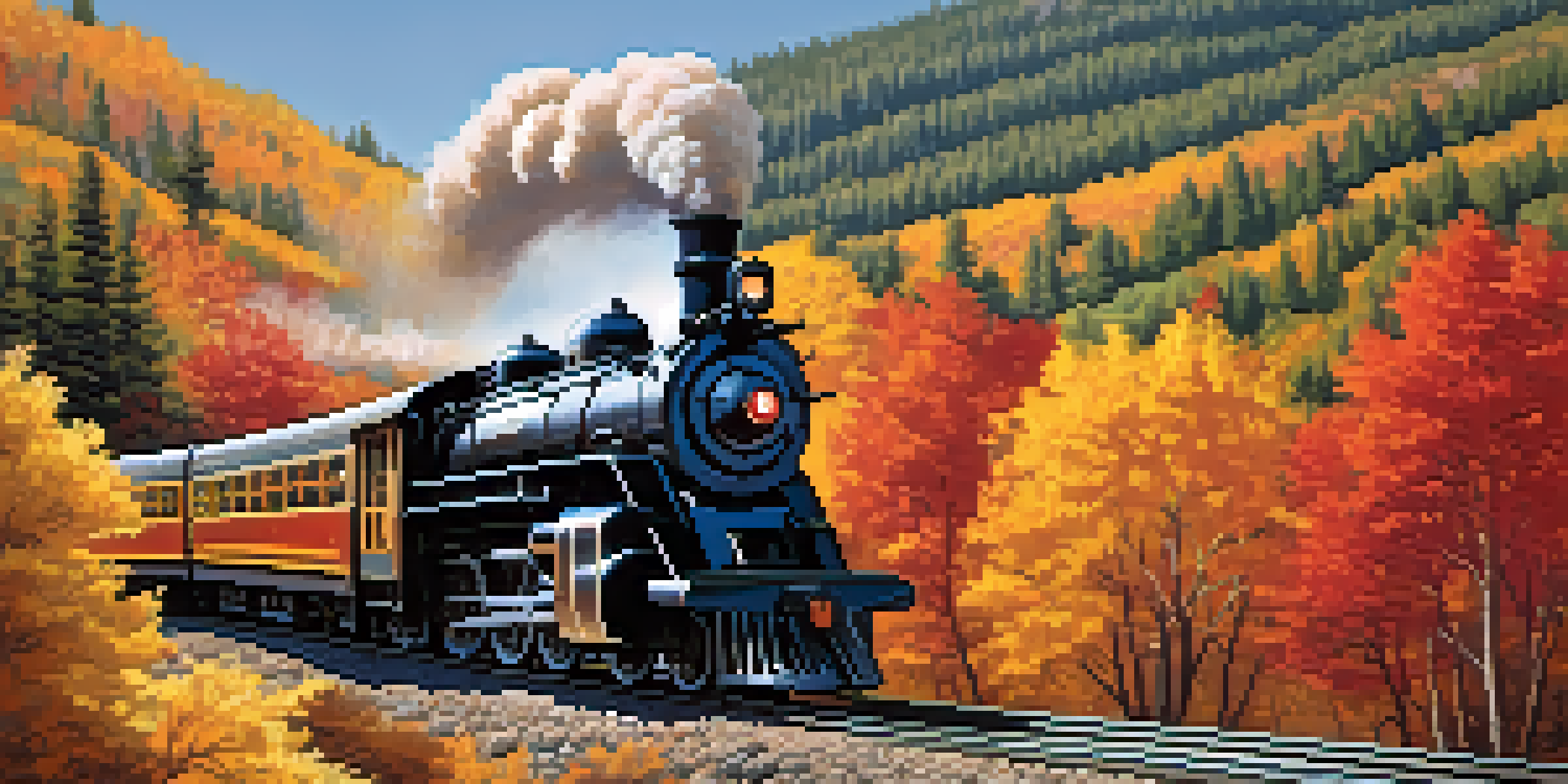 A vintage train traveling through colorful fall foliage in Big Bear, surrounded by vibrant autumn leaves.