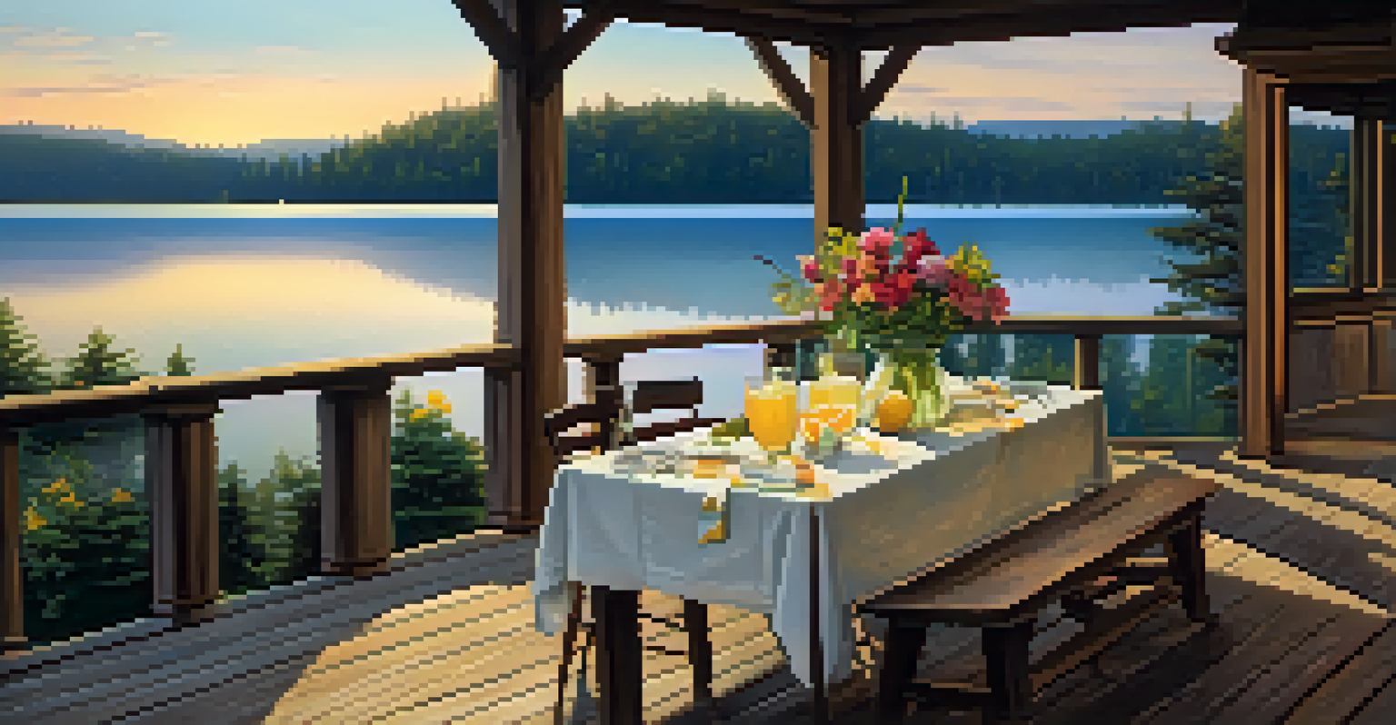 An outdoor dining setup on a cabin porch with a view of a lake at sunset, featuring a rustic table and fresh flowers.