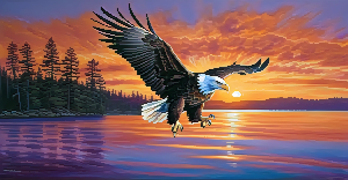 A bald eagle flying over Big Bear Lake at sunset, with colorful reflections in the water and pine trees in the foreground.