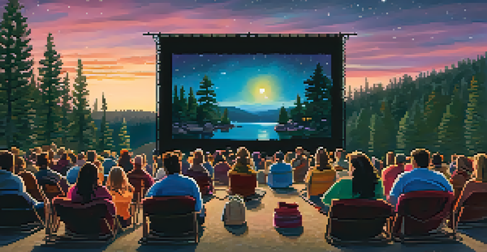 An outdoor film screening at Big Bear Lake, with a large screen under a starlit sky and attendees under colorful blankets.