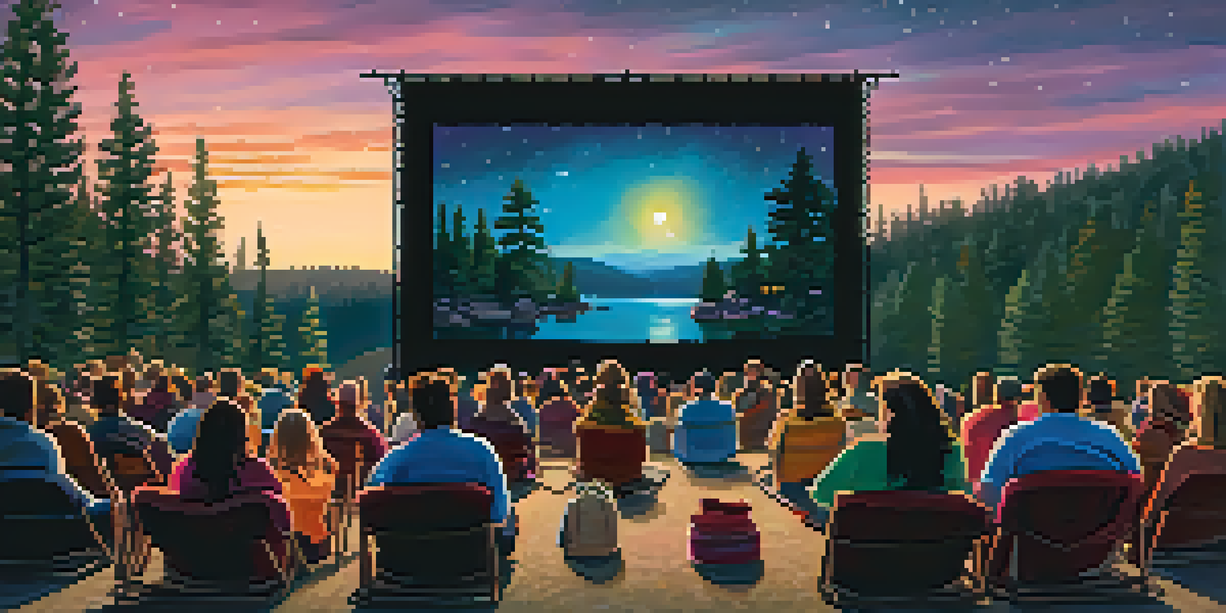 An outdoor film screening at Big Bear Lake, with a large screen under a starlit sky and attendees under colorful blankets.