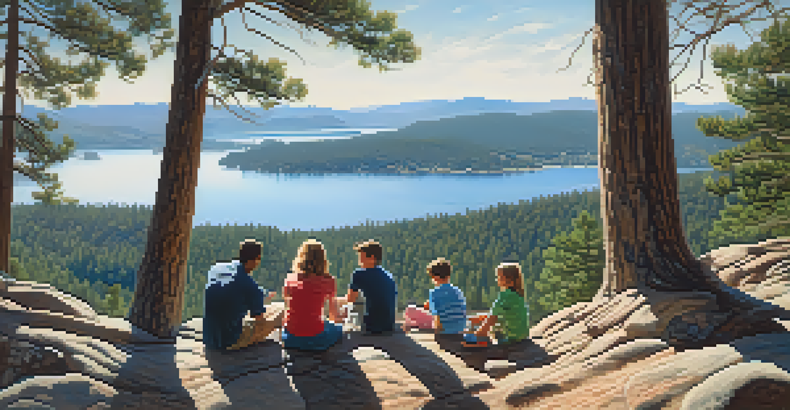 A family having a picnic on a rocky outcrop with views of Big Bear Lake and surrounding mountains.