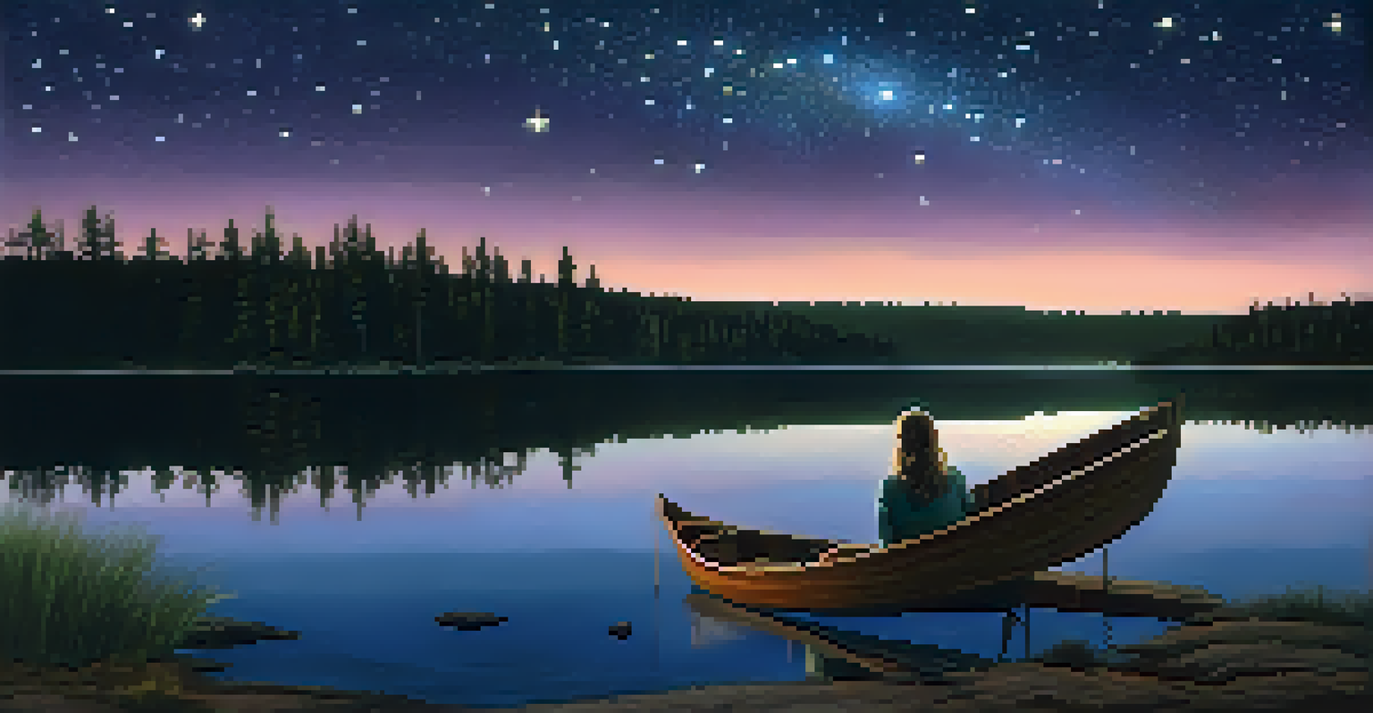 A serene night at Baldwin Lake with stars reflecting in the water and a person on a blanket enjoying the view.