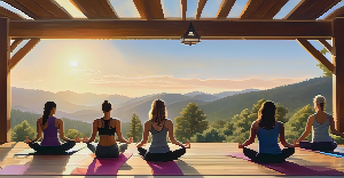 A diverse group of people practicing yoga on a deck with a view of the Big Bear Mountains during sunrise.