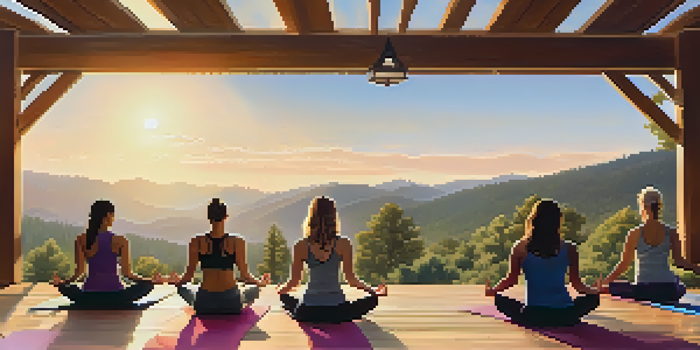 A diverse group of people practicing yoga on a deck with a view of the Big Bear Mountains during sunrise.