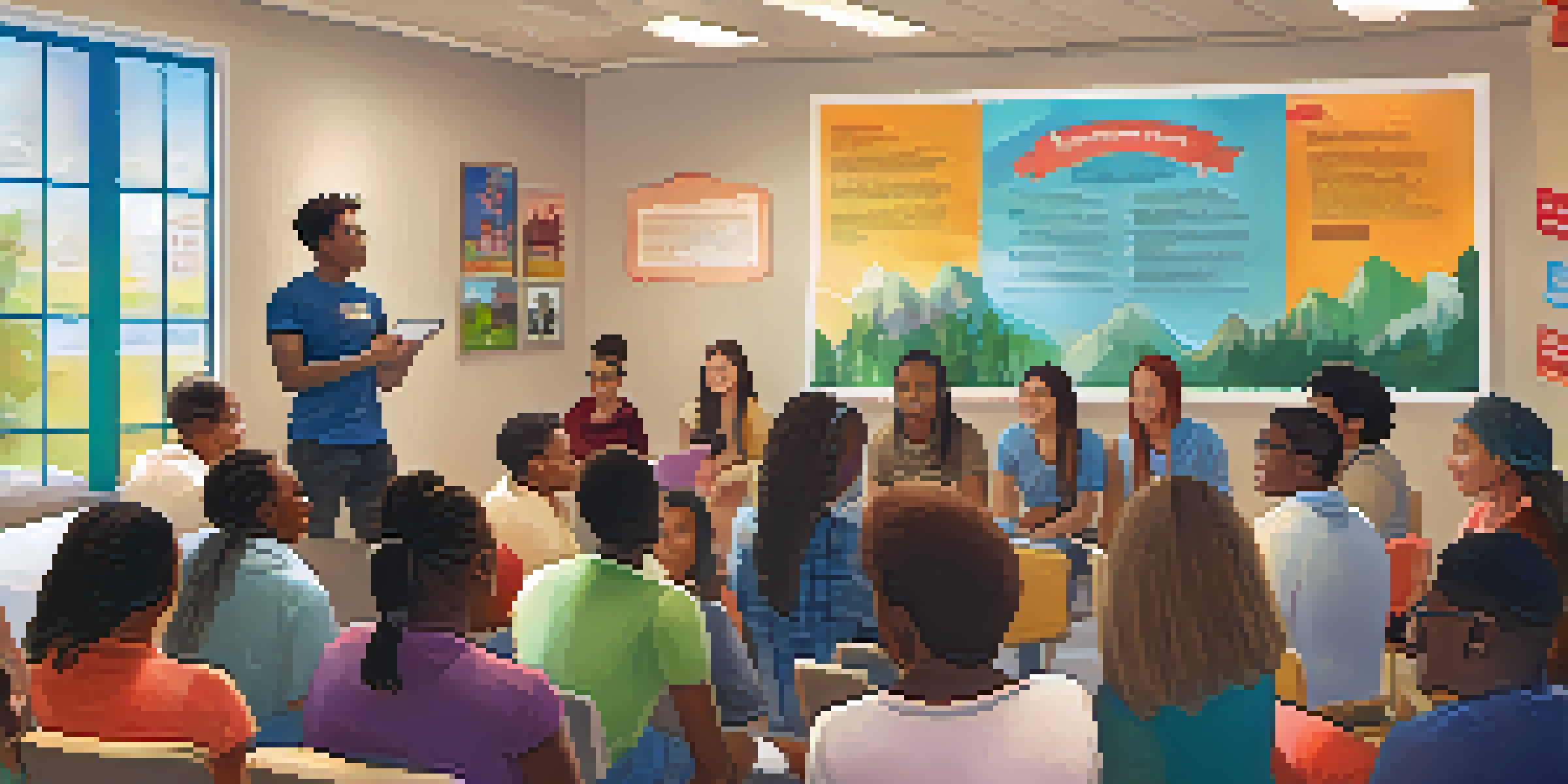 A group of diverse young people participating in a public speaking workshop in a community center, surrounded by motivational posters and a warm atmosphere.