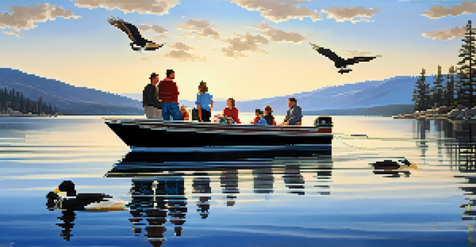 A family on a boat tour at Big Bear Lake with mountains in the background and a bald eagle flying overhead.