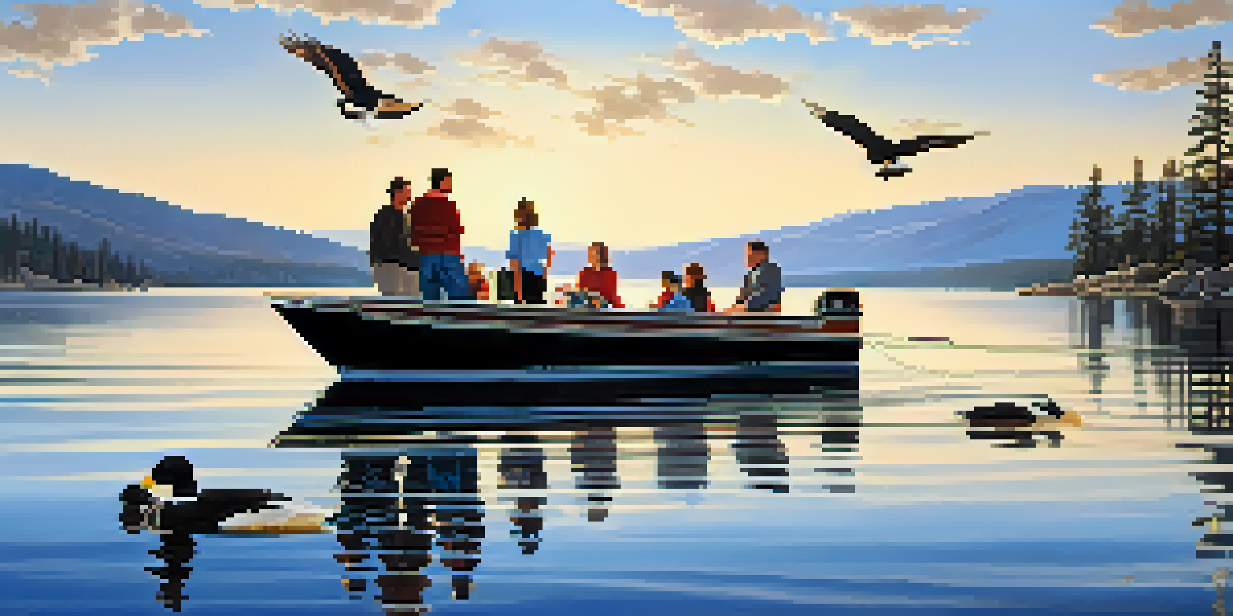 A family on a boat tour at Big Bear Lake with mountains in the background and a bald eagle flying overhead.