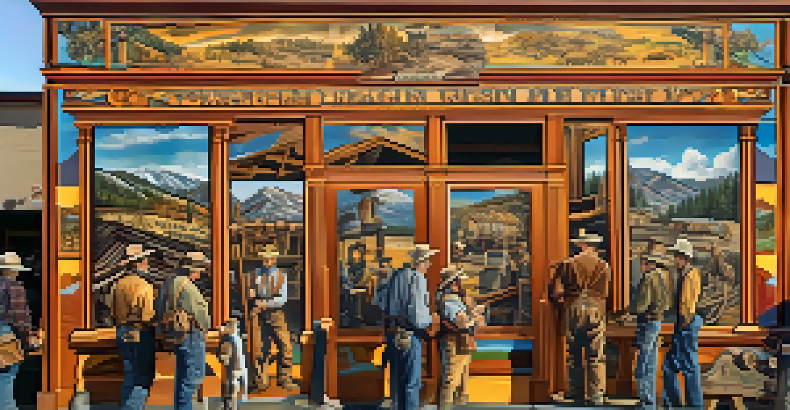 A colorful mural in Big Bear illustrating scenes from the Gold Rush era, featuring miners and nature.