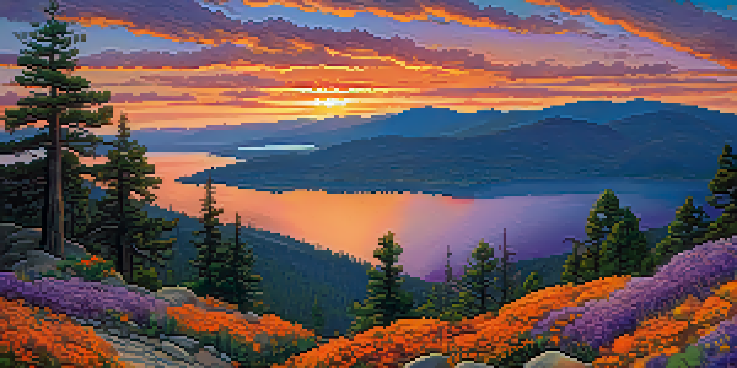 A panoramic sunset view from a mountain overlook with vibrant colors in the sky and a lake below.