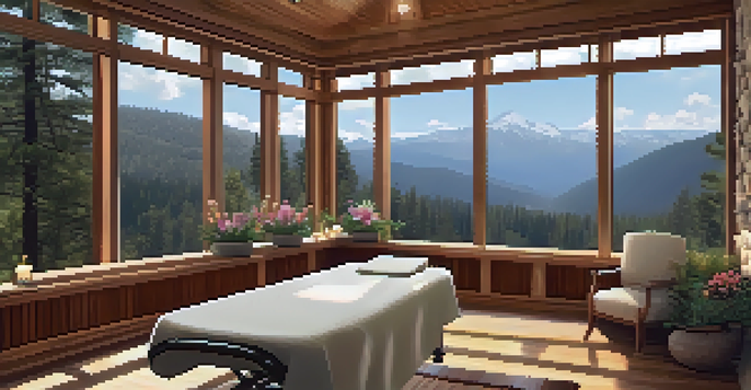 A peaceful massage room with natural elements and a view of mountains, featuring a massage table with flowers and essential oils.