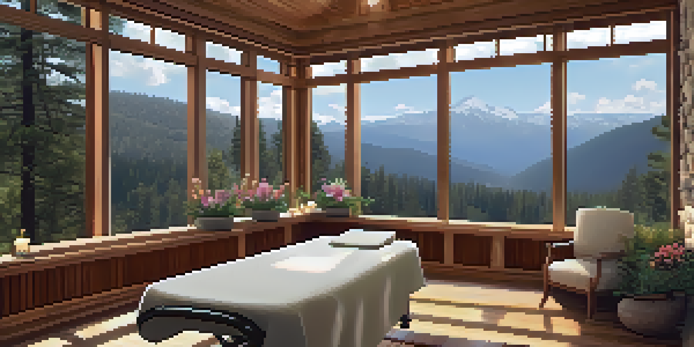 A peaceful massage room with natural elements and a view of mountains, featuring a massage table with flowers and essential oils.