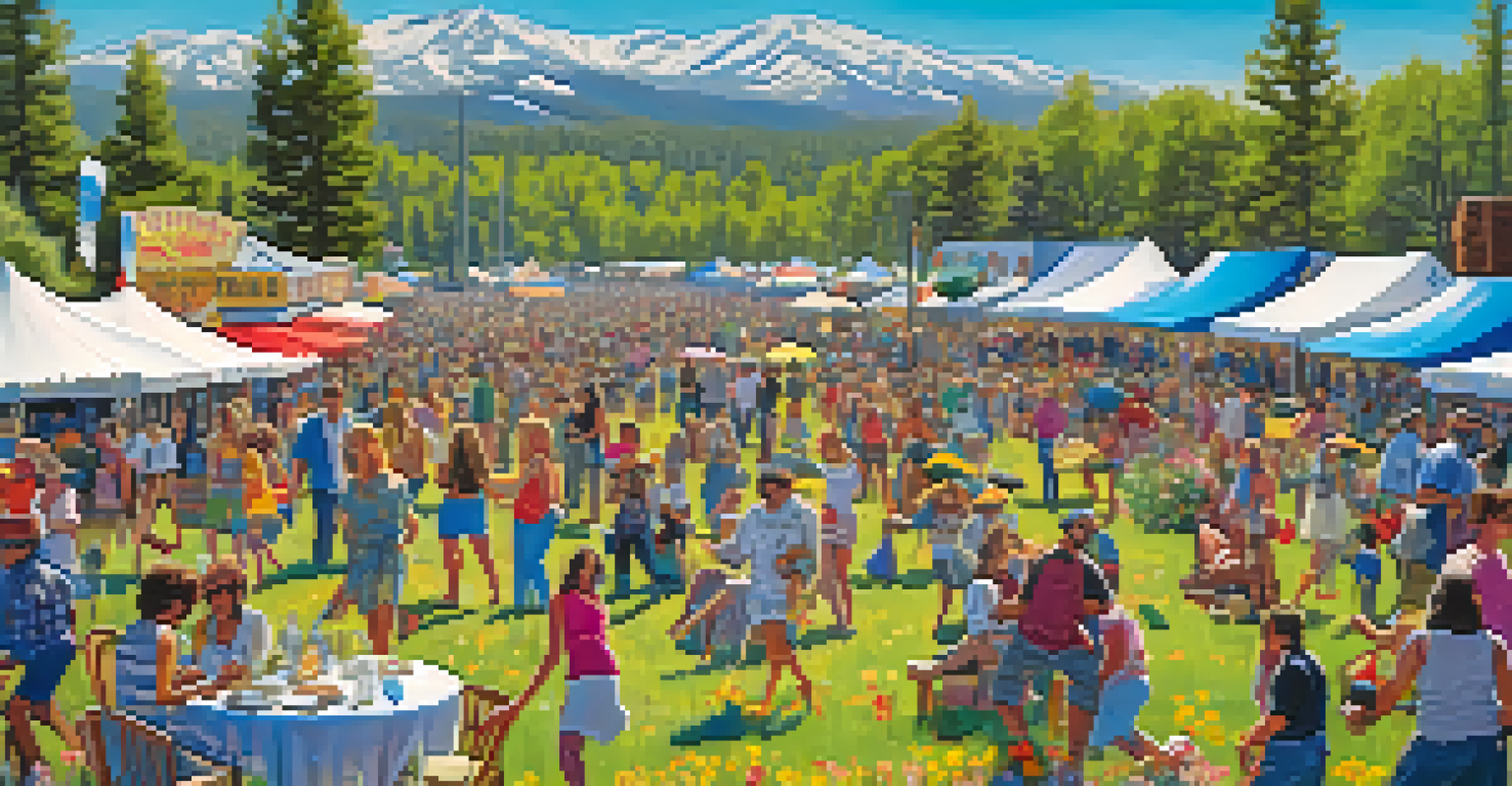A lively spring music festival with people dancing and enjoying food in a field of blooming wildflowers under a sunny sky.