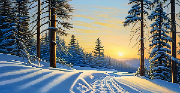 A snow-covered trail winding through pine trees at sunset, with a pair of snowshoes on the path.