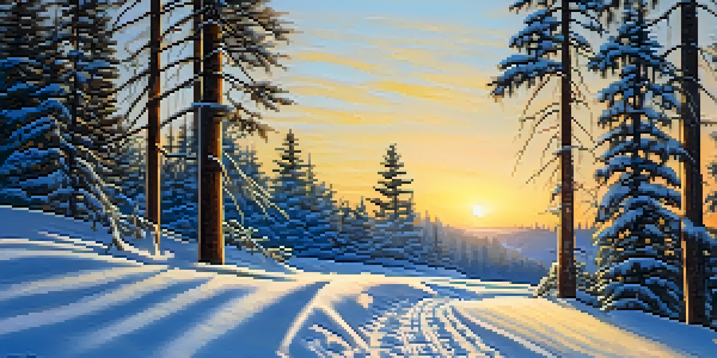 A snow-covered trail winding through pine trees at sunset, with a pair of snowshoes on the path.