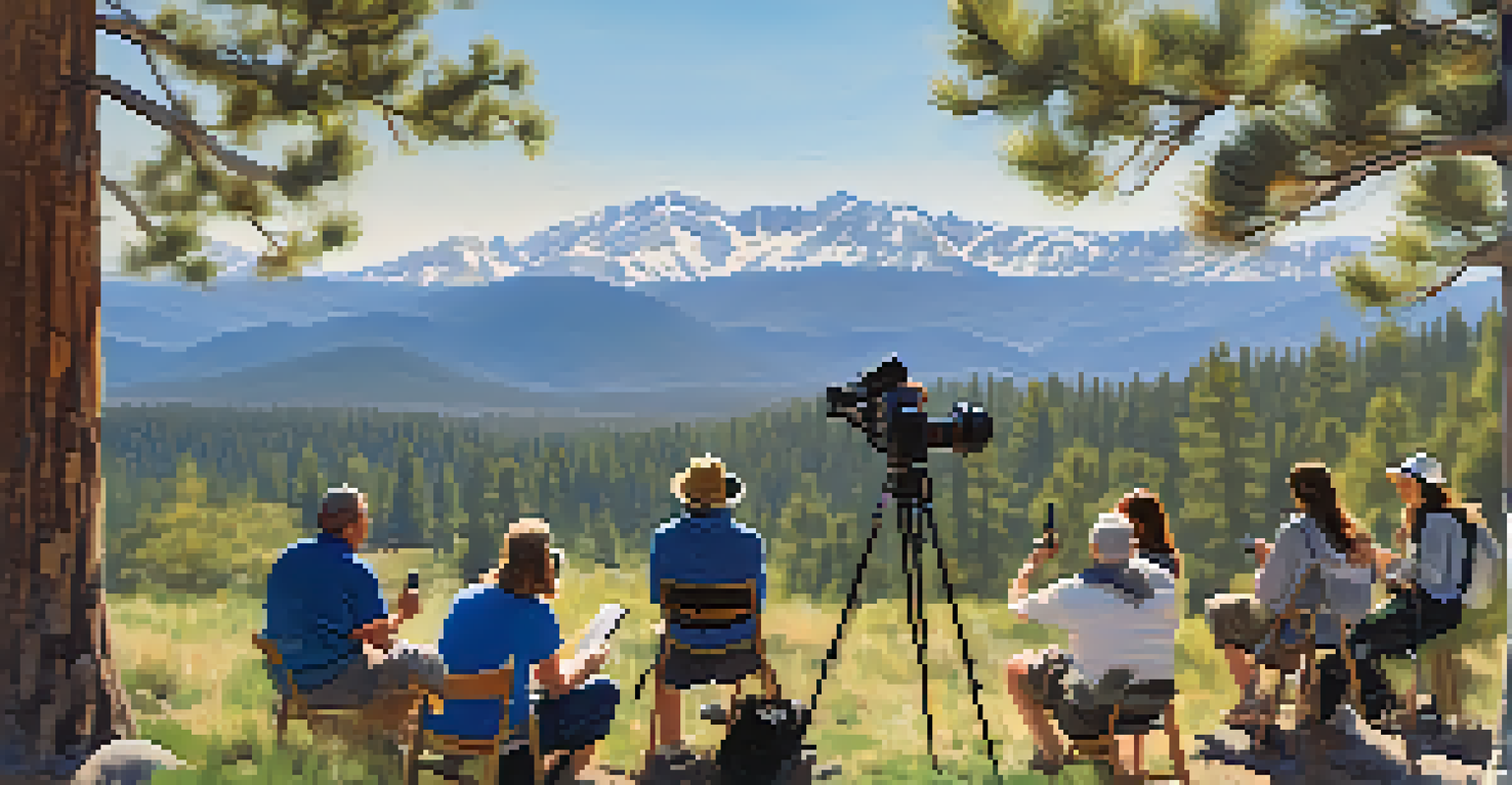 A photography workshop in Big Bear with an instructor guiding beginners, surrounded by mountain scenery.