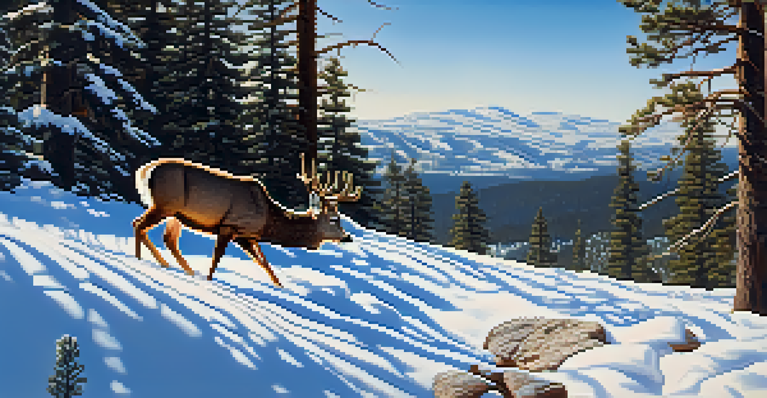 A deer walking through the snow in Big Bear with mountains and trees in the background.