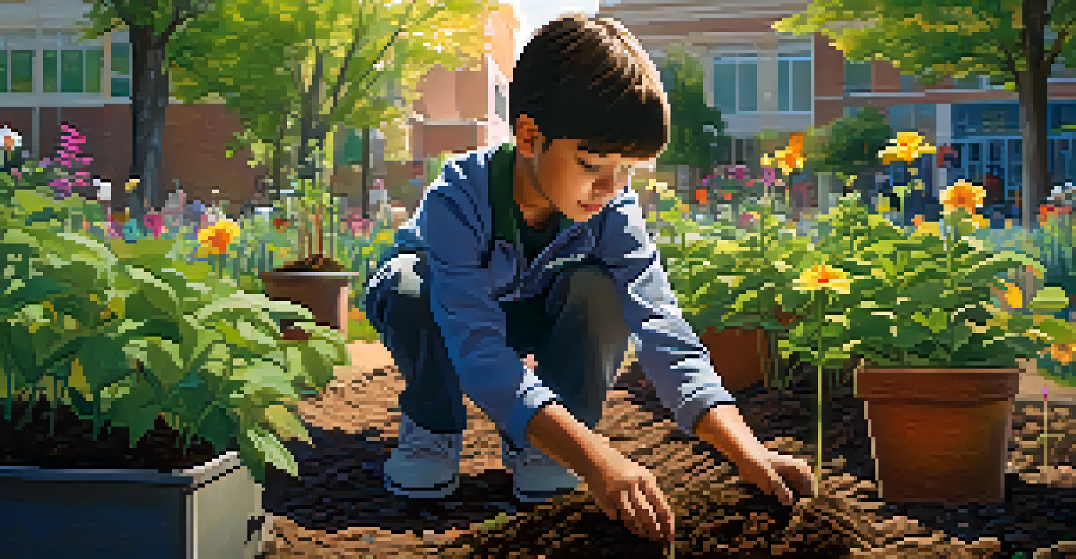 A student planting a young tree in a school garden, with bright sunlight and colorful flowers around.