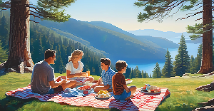 A family having a picnic at Bear Mountain with pine trees and mountain views in the background.