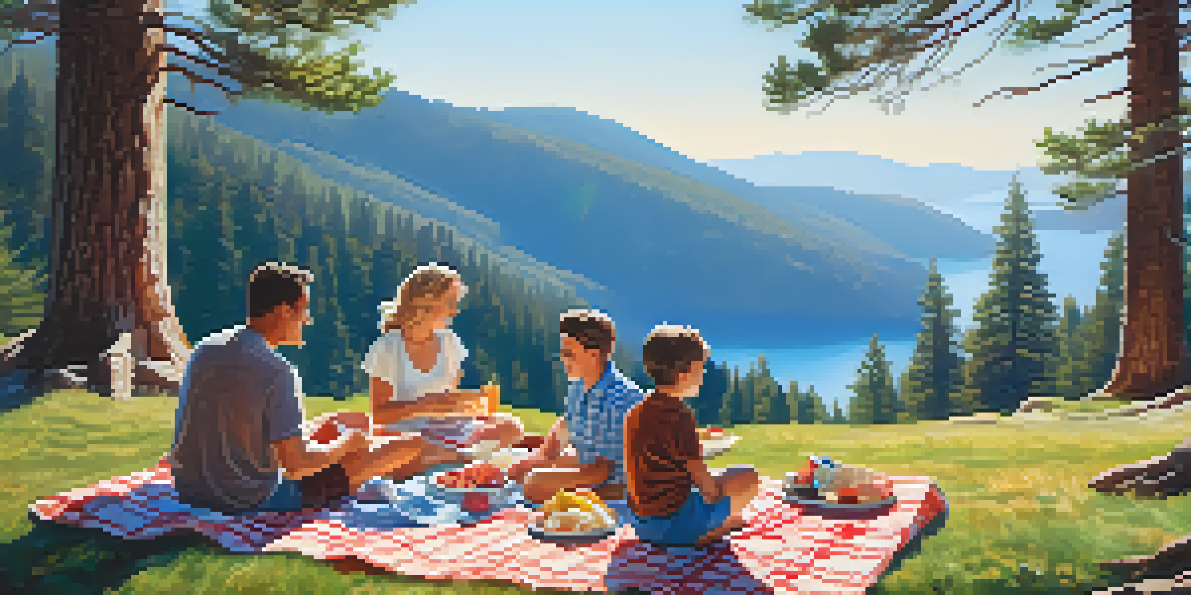 A family having a picnic at Bear Mountain with pine trees and mountain views in the background.
