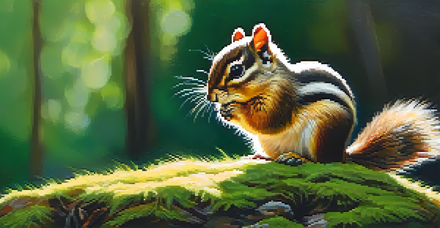 A close-up image of a chipmunk on a rock, with green moss and sunlight creating a serene forest background.