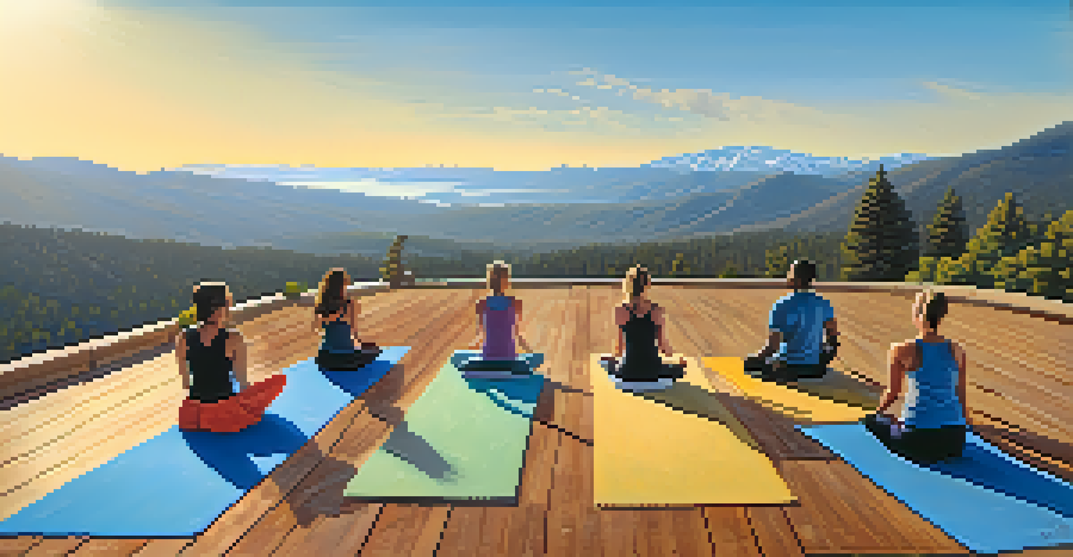 A group of people practicing yoga on a mountaintop with stunning mountain views and a bright blue sky.