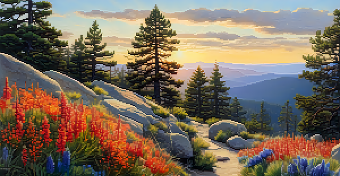 A beautiful trail lined with colorful wildflowers and pine trees, overlooking a lake in Big Bear.