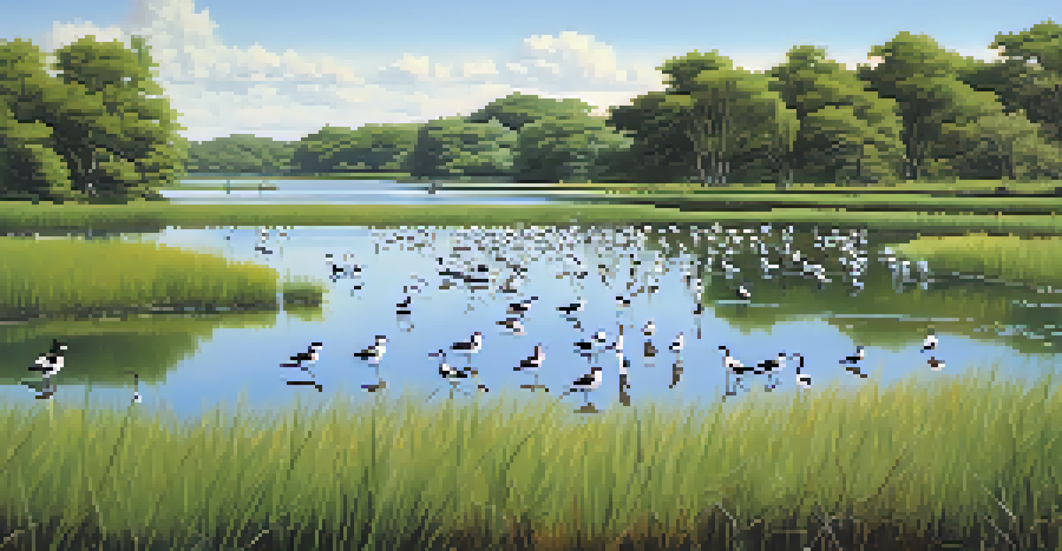 A vibrant view of Baldwin Lake with American avocets and black-necked stilts wading in the wetlands, and a person observing birds.