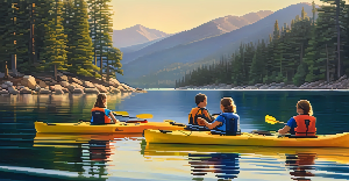 A family happily kayaking on a calm lake with mountains in the background during sunset.