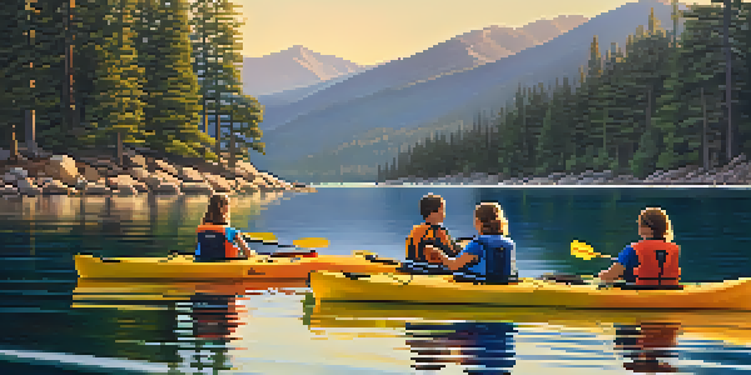 A family happily kayaking on a calm lake with mountains in the background during sunset.