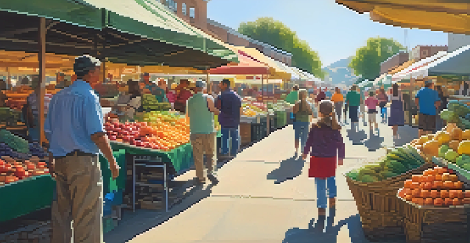 A bustling farmers market with families browsing colorful produce and handmade goods under the warm morning sun.