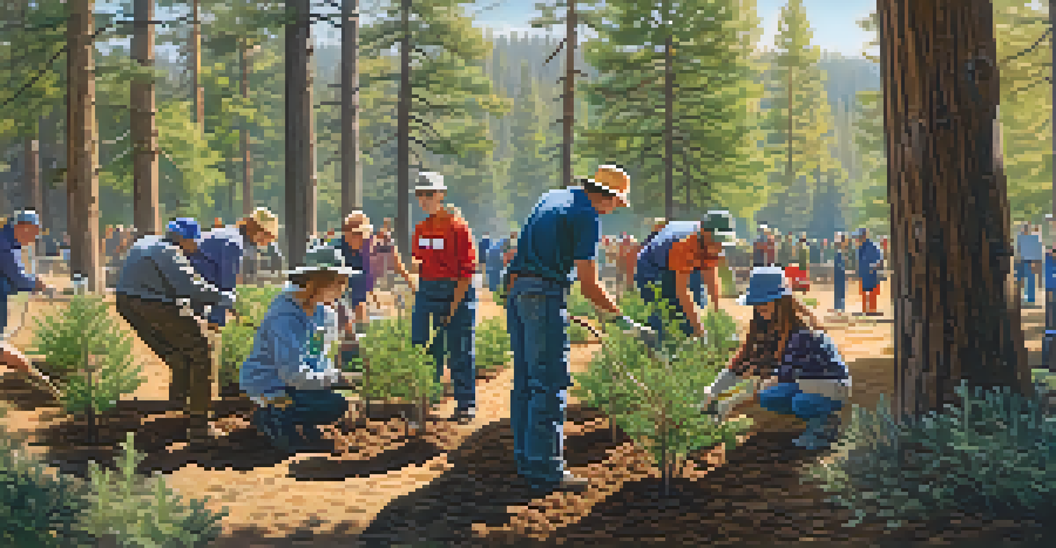 Diverse volunteers planting trees in a sunny park at Big Bear Lake.