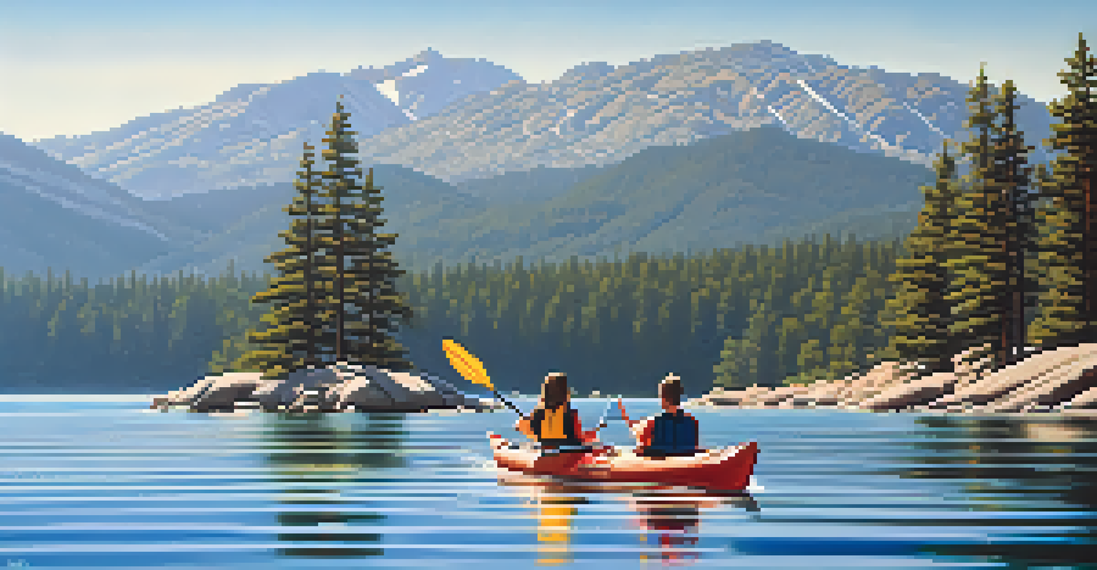 A happy couple paddling a kayak on a calm lake, surrounded by trees and mountains.