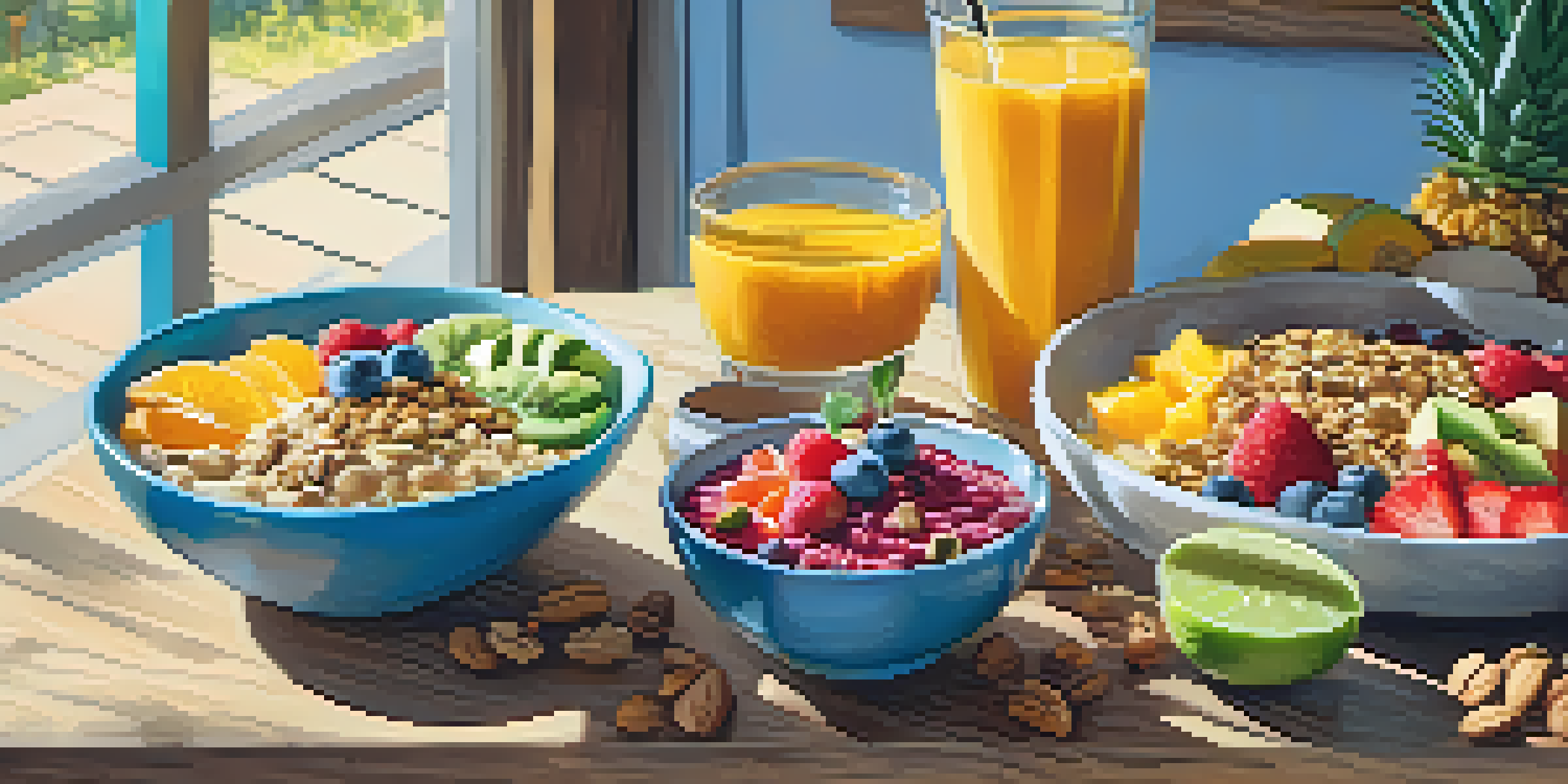 A vibrant vegan breakfast spread on a wooden table, featuring a breakfast burrito, fruit slices, and a smoothie bowl.