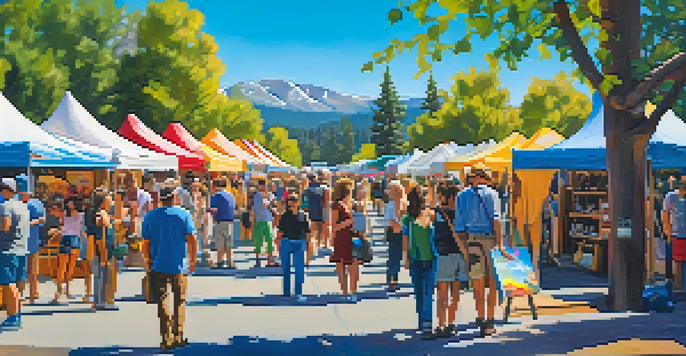 An outdoor art festival in Big Bear with artist booths, colorful artwork, and a lively crowd under a bright sky.