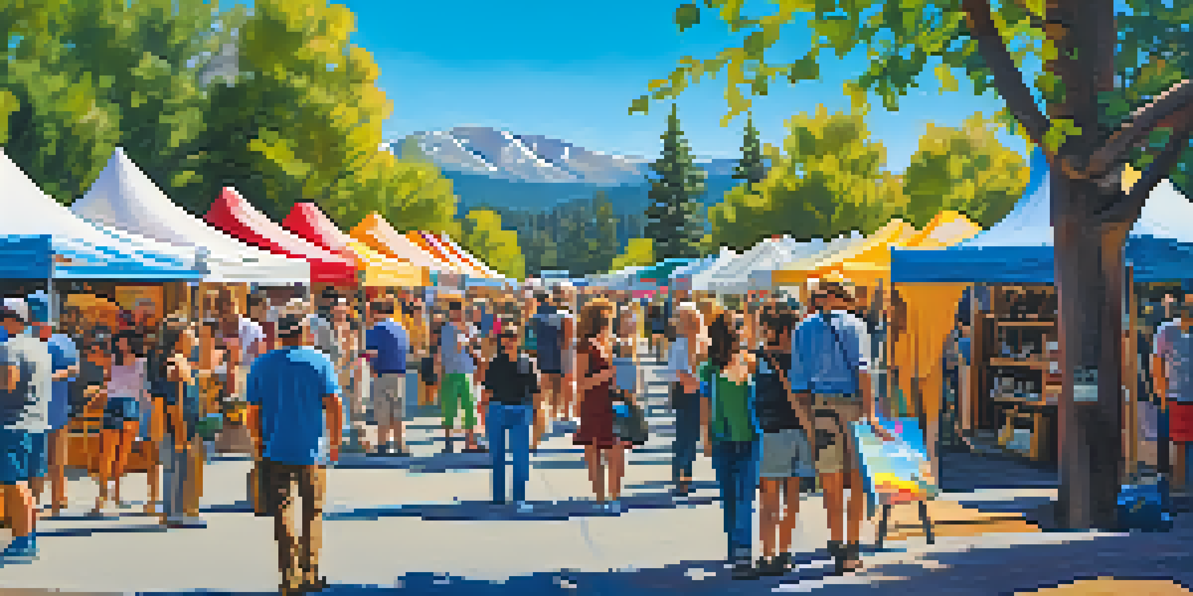 An outdoor art festival in Big Bear with artist booths, colorful artwork, and a lively crowd under a bright sky.