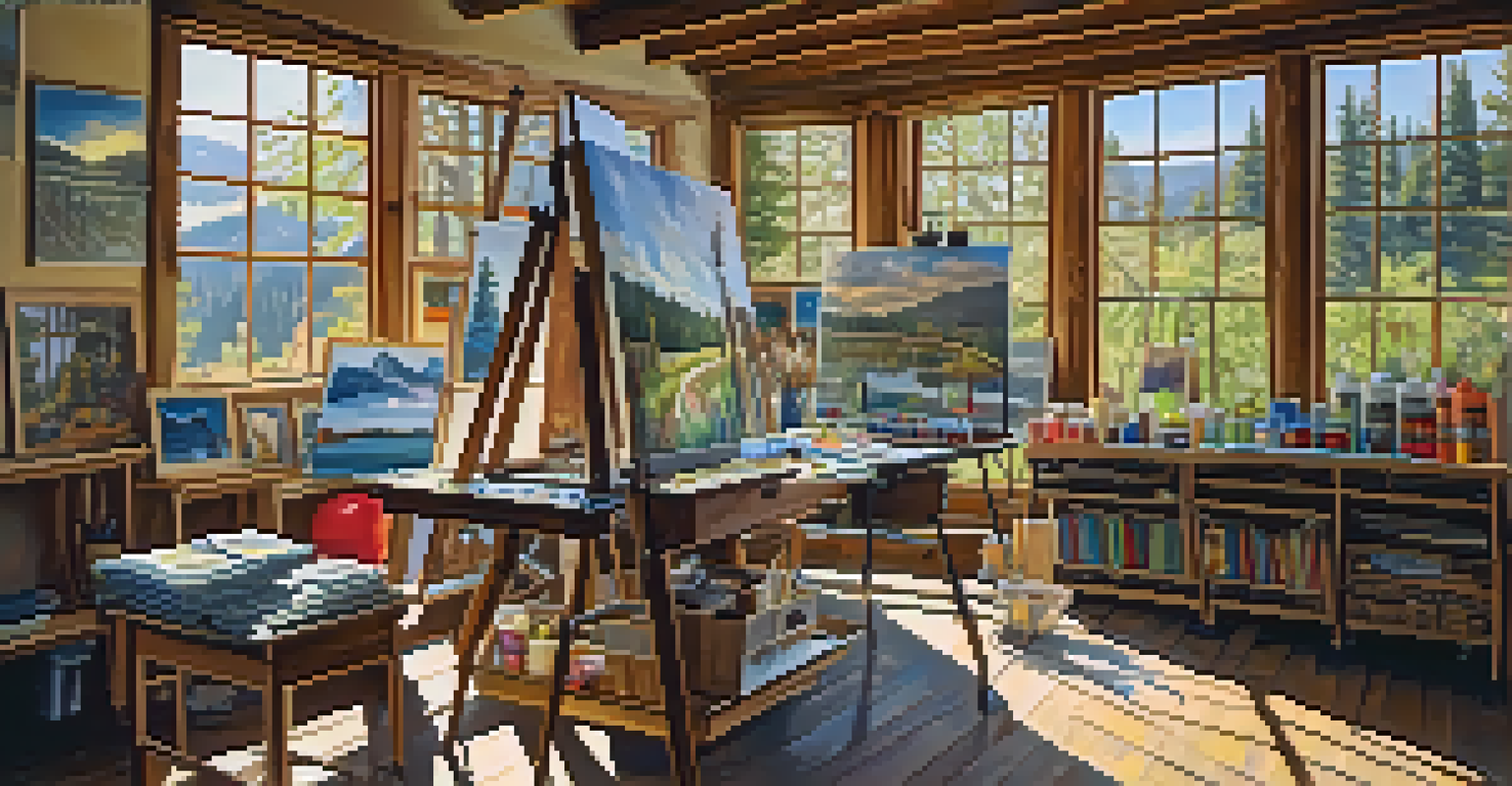 An inviting artist's studio in Big Bear, filled with colorful paintings, art supplies, and sunlight streaming through the windows.