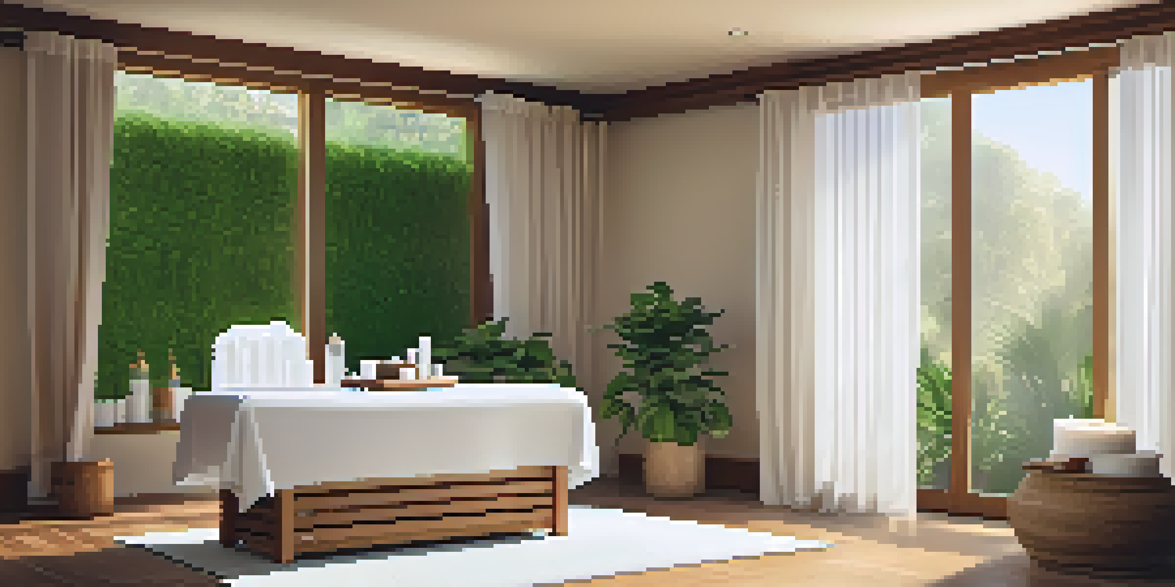 A tranquil massage room in a spa with soft lighting, natural wood accents, and plush towels, creating a peaceful atmosphere.