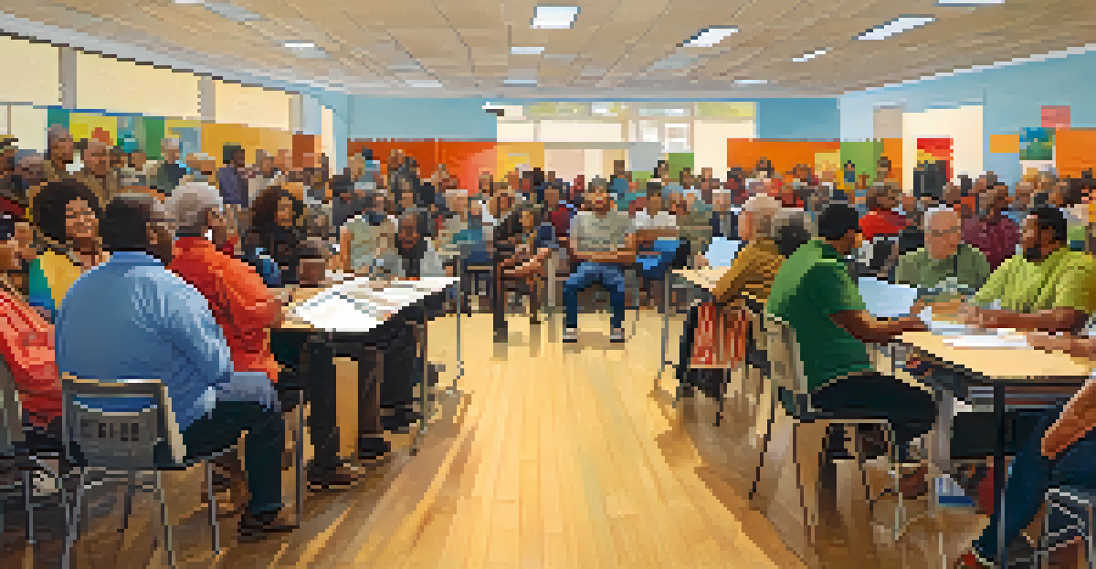 A community gathering in a town hall meeting discussing affordable housing with residents engaged and sharing ideas.