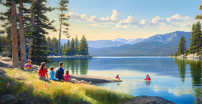 A family enjoying a picnic by Big Bear Lake with mountains and wildflowers in the background.