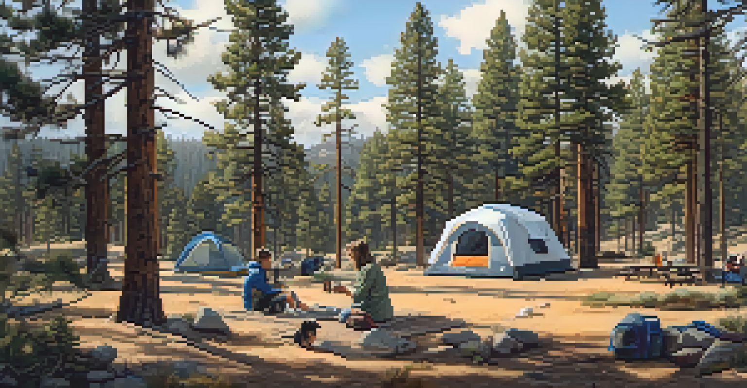 A picturesque campground in Holcomb Valley with a dog resting beside its owner by a campfire.