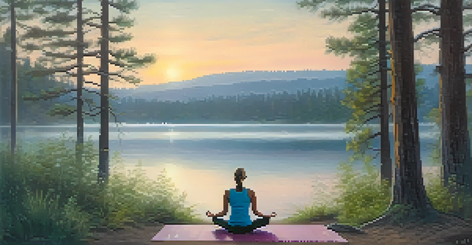 A person practicing yoga by a calm lake at sunrise, surrounded by trees and mist, with soft pastel colors in the sky.